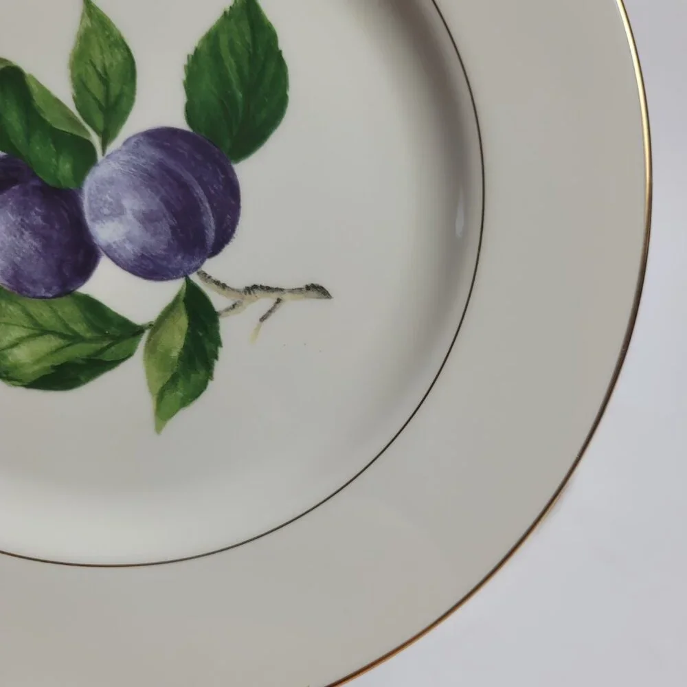 TWO Mikasa Plum Court L3132 Salad Plates White with Purple Plums & Green Leaves